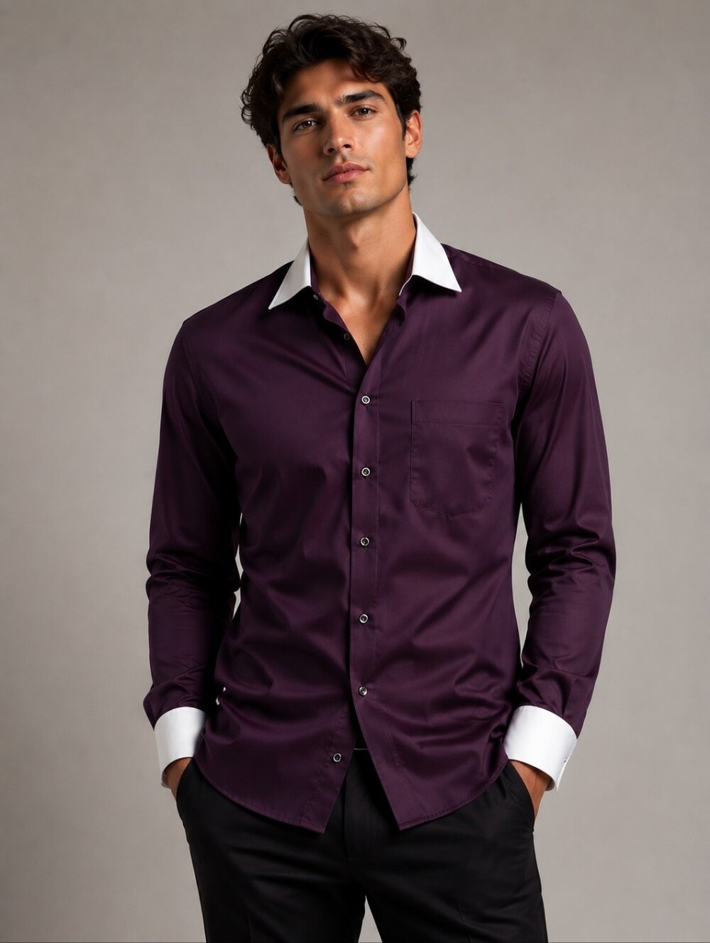 Donald J TRUMP Men's Purple Contrast-Collar Dress Shirt